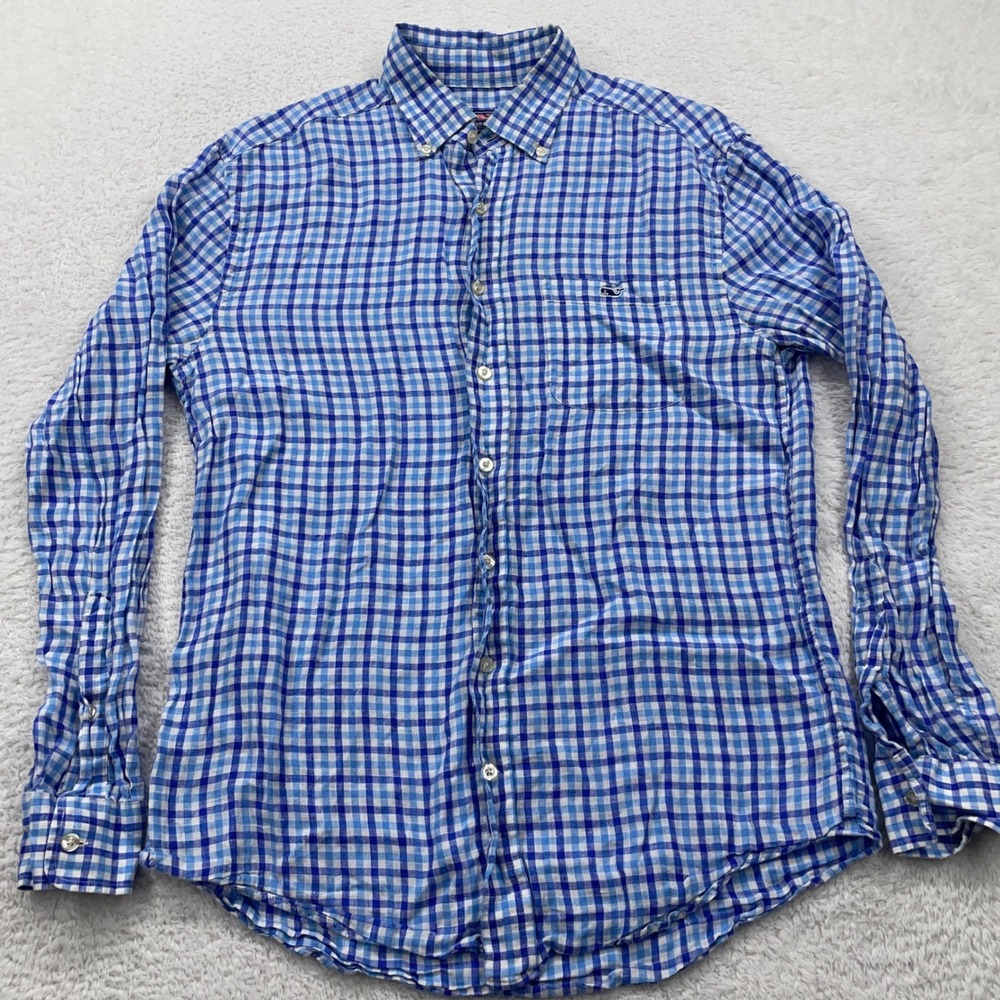 Vineyard Vines Mens‎ Classic Fit Tucker Shirt Blue Check Linen Button Up M